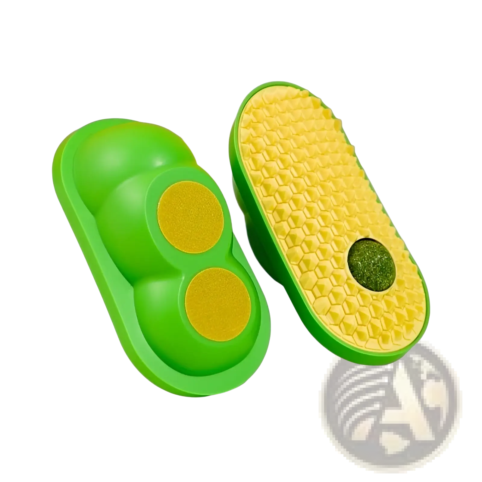 Green and yellow avocado-shaped cat self grooming brush and silicone scratching toy with textured surface