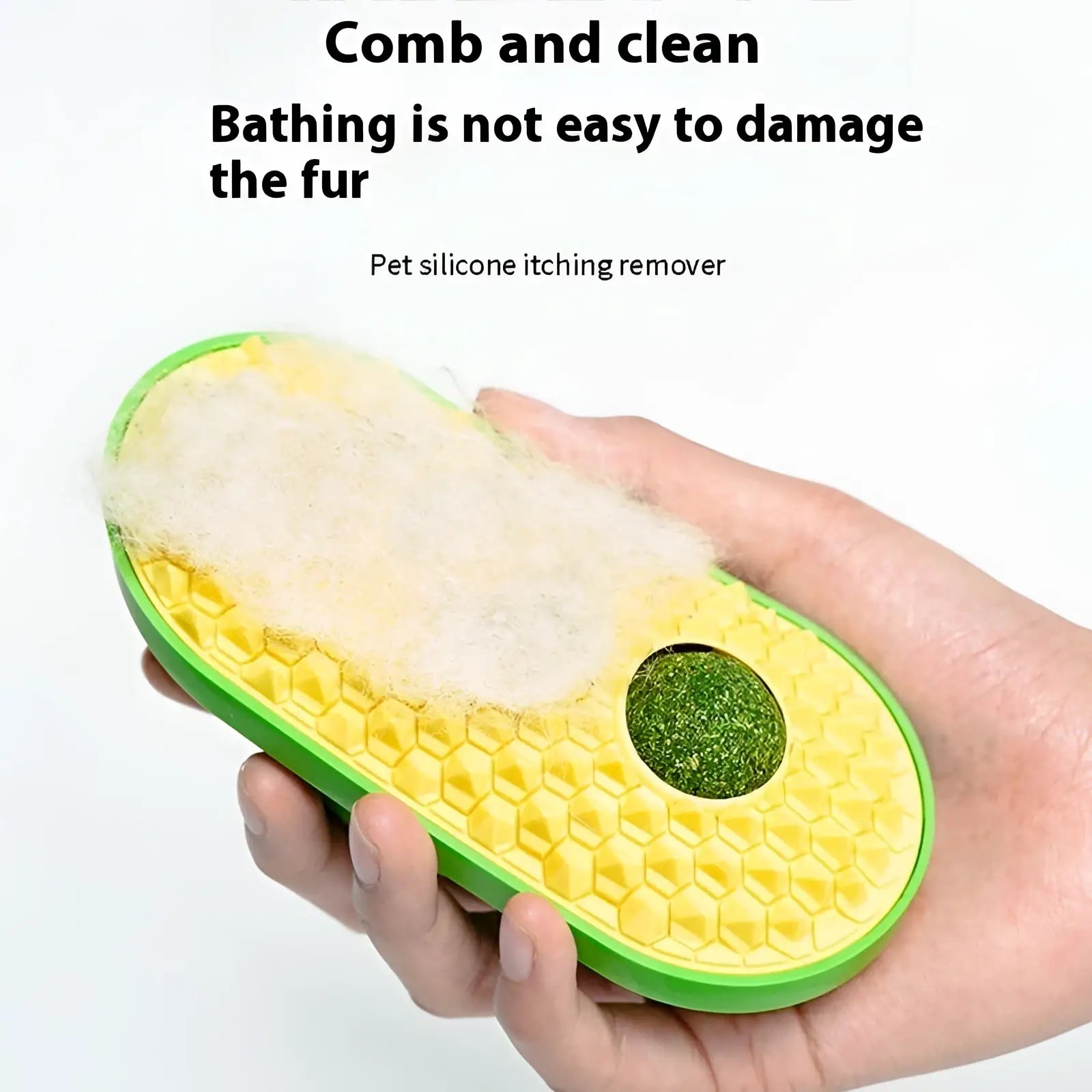 Green and yellow silicone cat self grooming brush and scratching toy with honeycomb texture shaped like an avocado