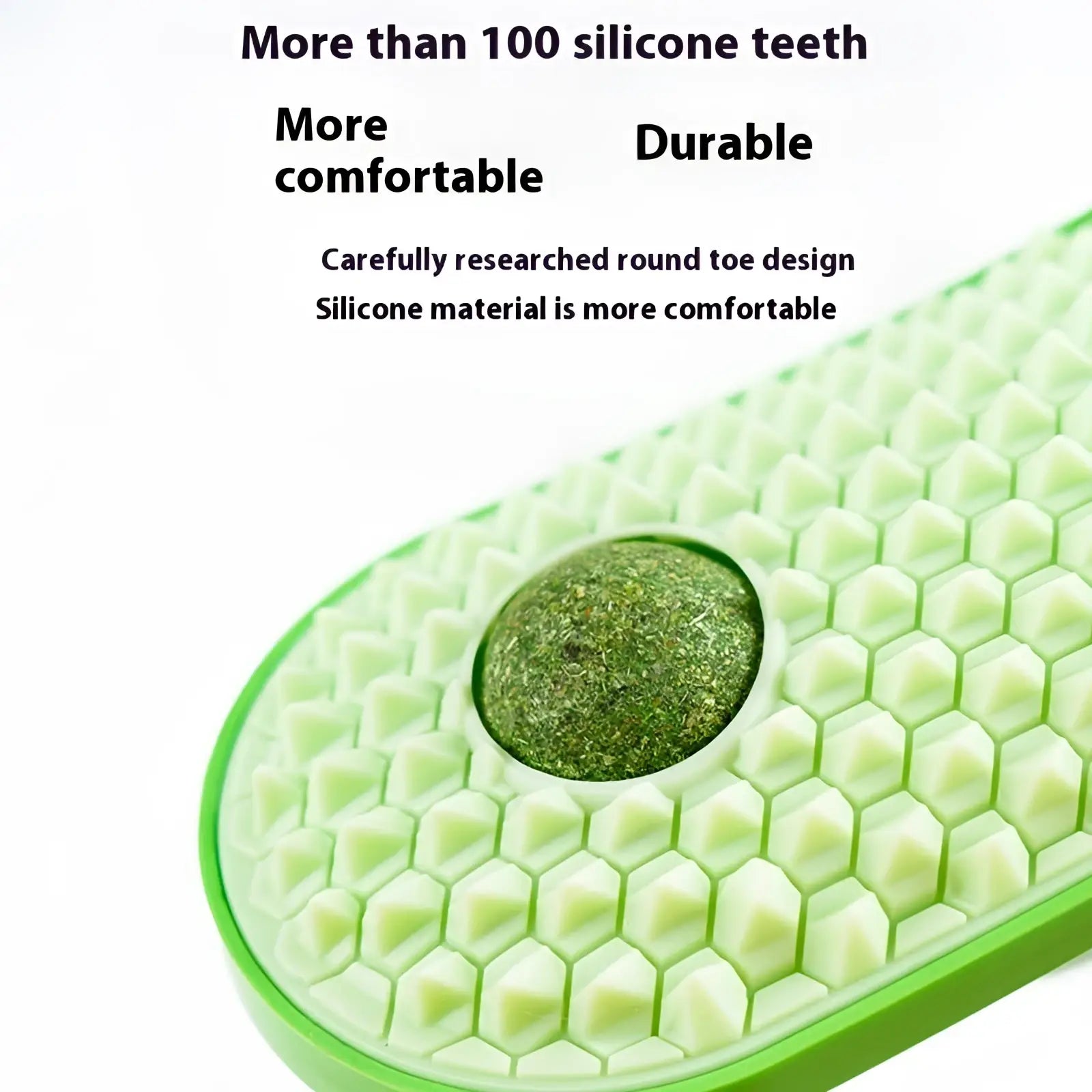A lime green silicone shoe insole with honeycomb pattern and central textured pad for cat self grooming brush toy