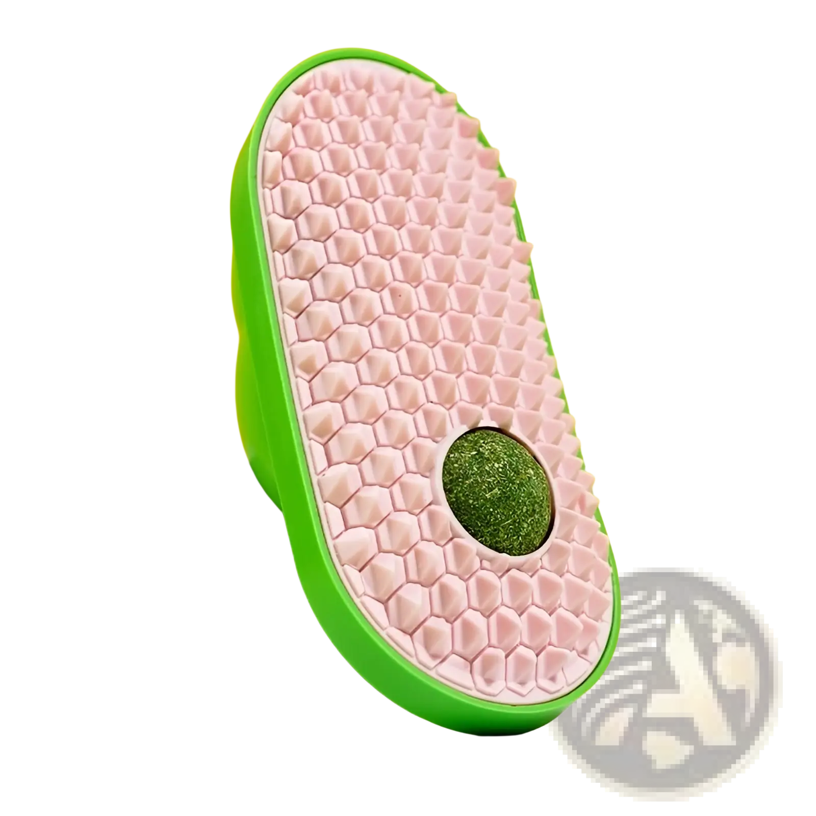 Pink and green silicone cat self grooming brush with honeycomb texture and circular grassy scrub pad for scratching