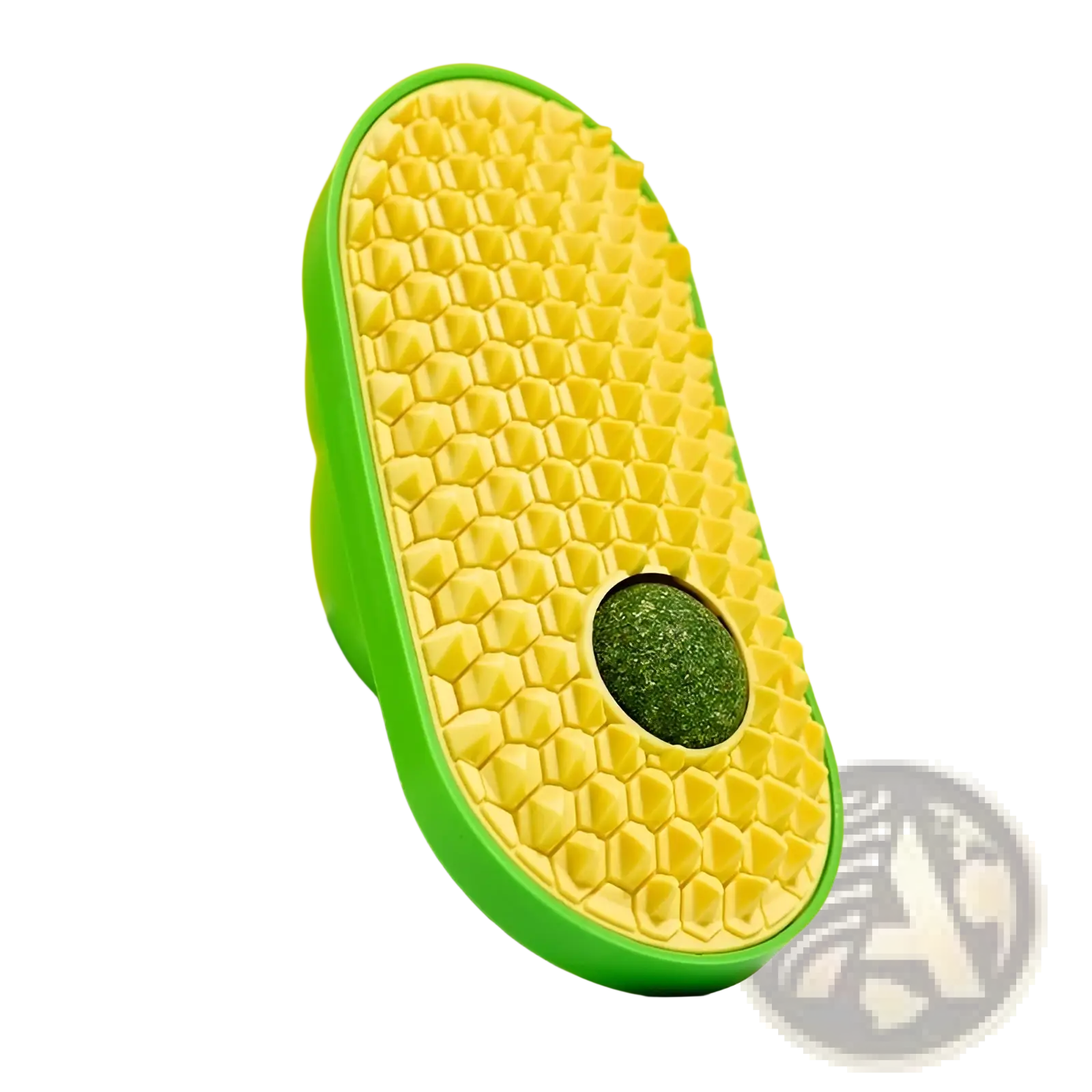 Yellow and green silicone cat self grooming brush with honeycomb texture and circular scrubbing pad for scratching