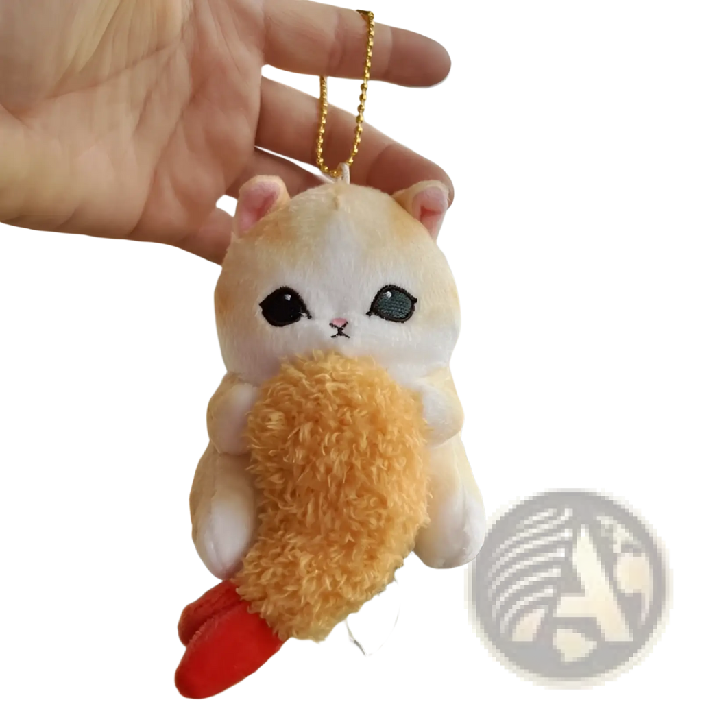 Adorable cream and white plush cat keychain holding a fluffy golden-brown fried shrimp with red feet and gold chain