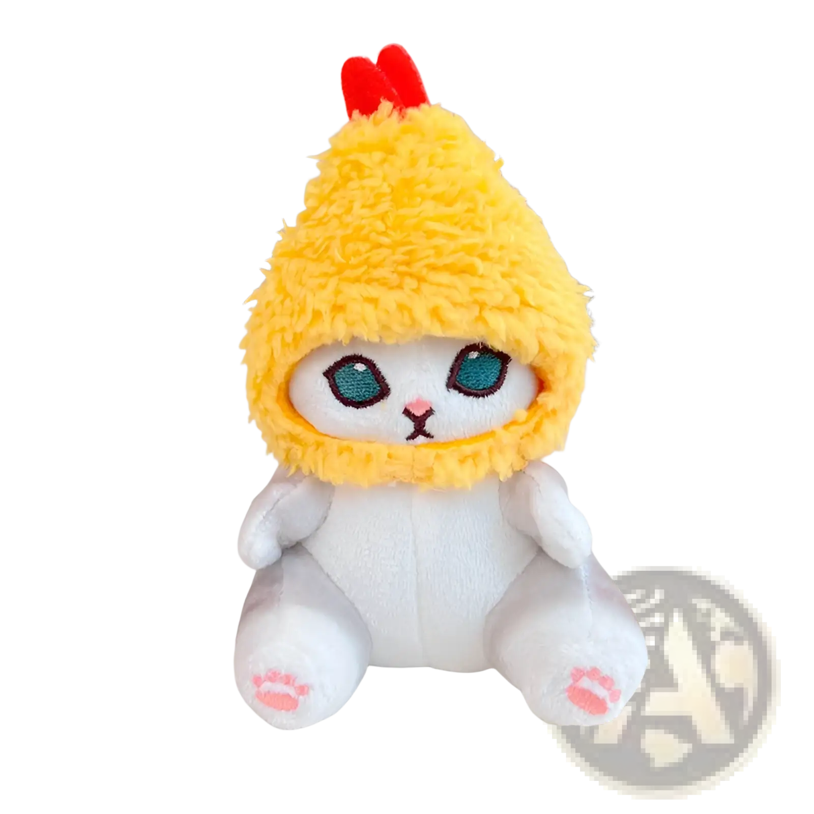 A plush white cat keychain wearing a fluffy yellow hood with red accents in a cat shark plush Japanese doll design