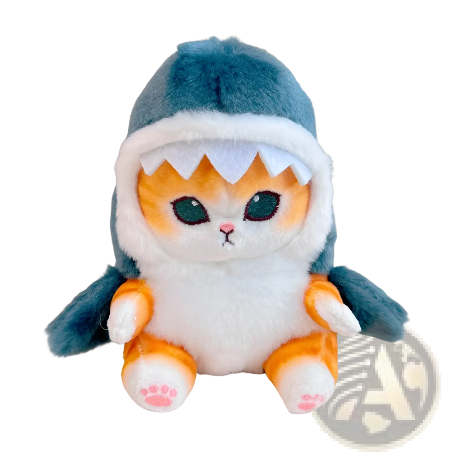 A plush orange and white cat keychain wearing a teal shark hoodie with white teeth japanese cat doll pendant
