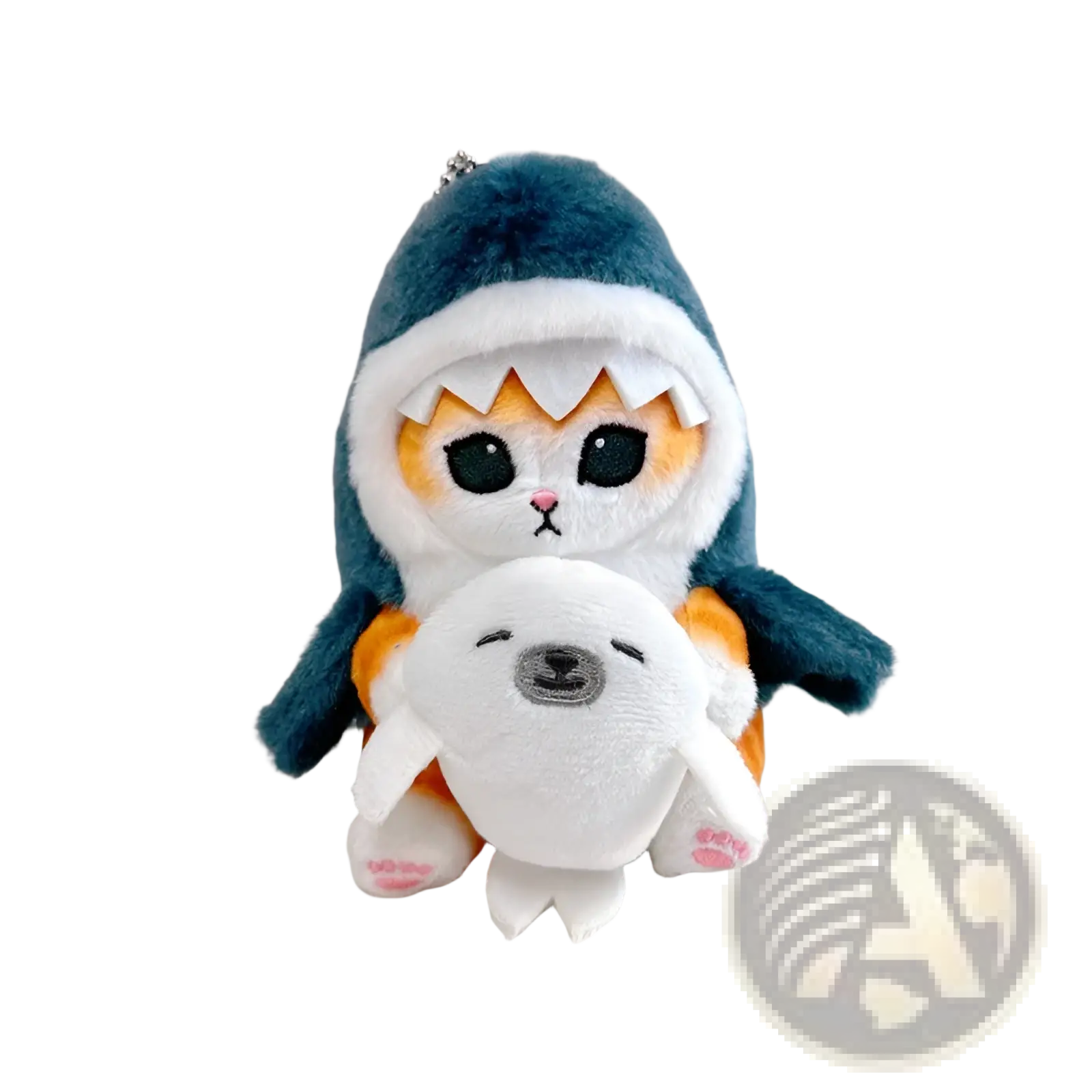 Adorable plush cat shark keychain featuring an orange and white cat in a teal shark hoodie holding a white seal plushie