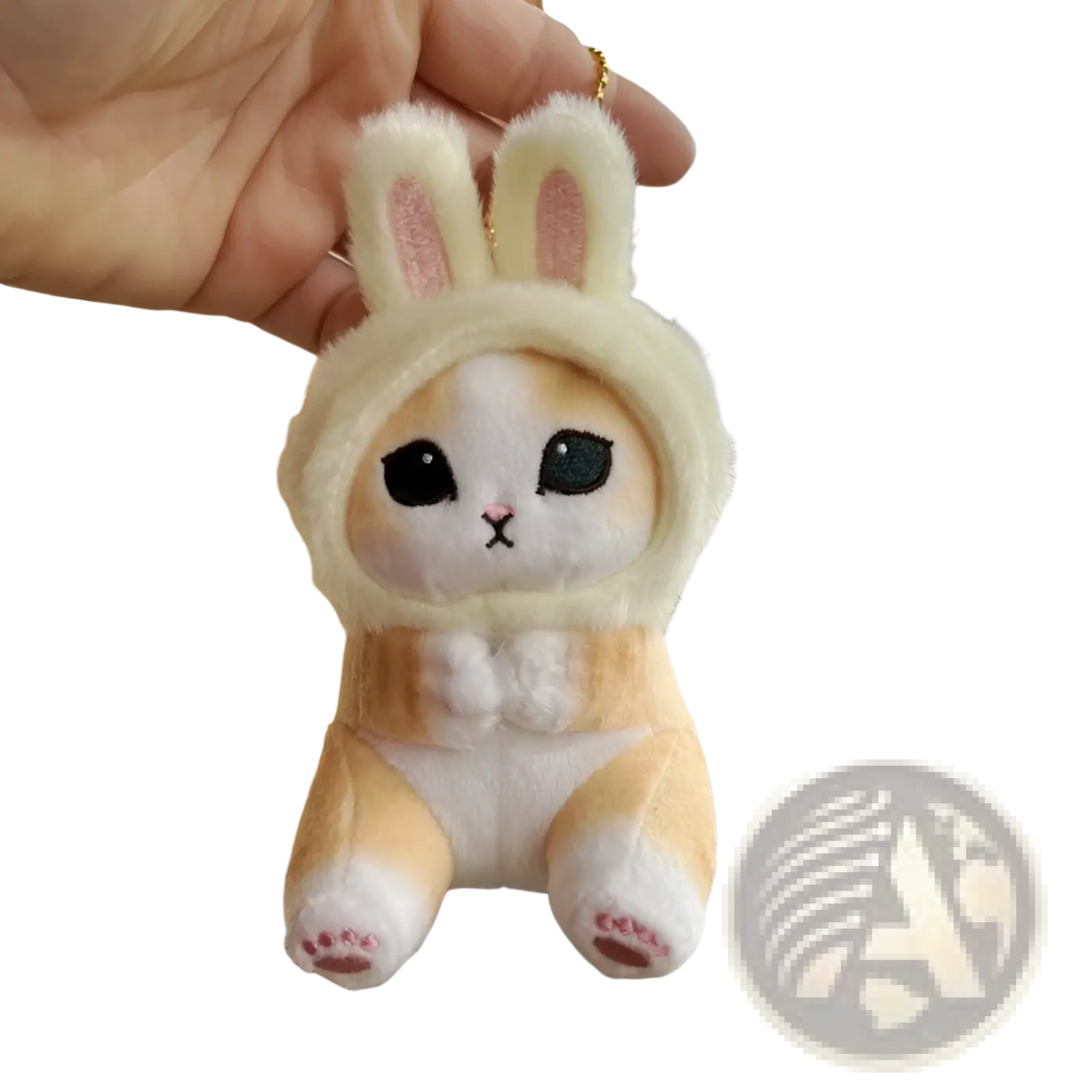 Cat shark plush keychain featuring a soft cream-colored plush bunny with embroidered eyes and pink inner ears