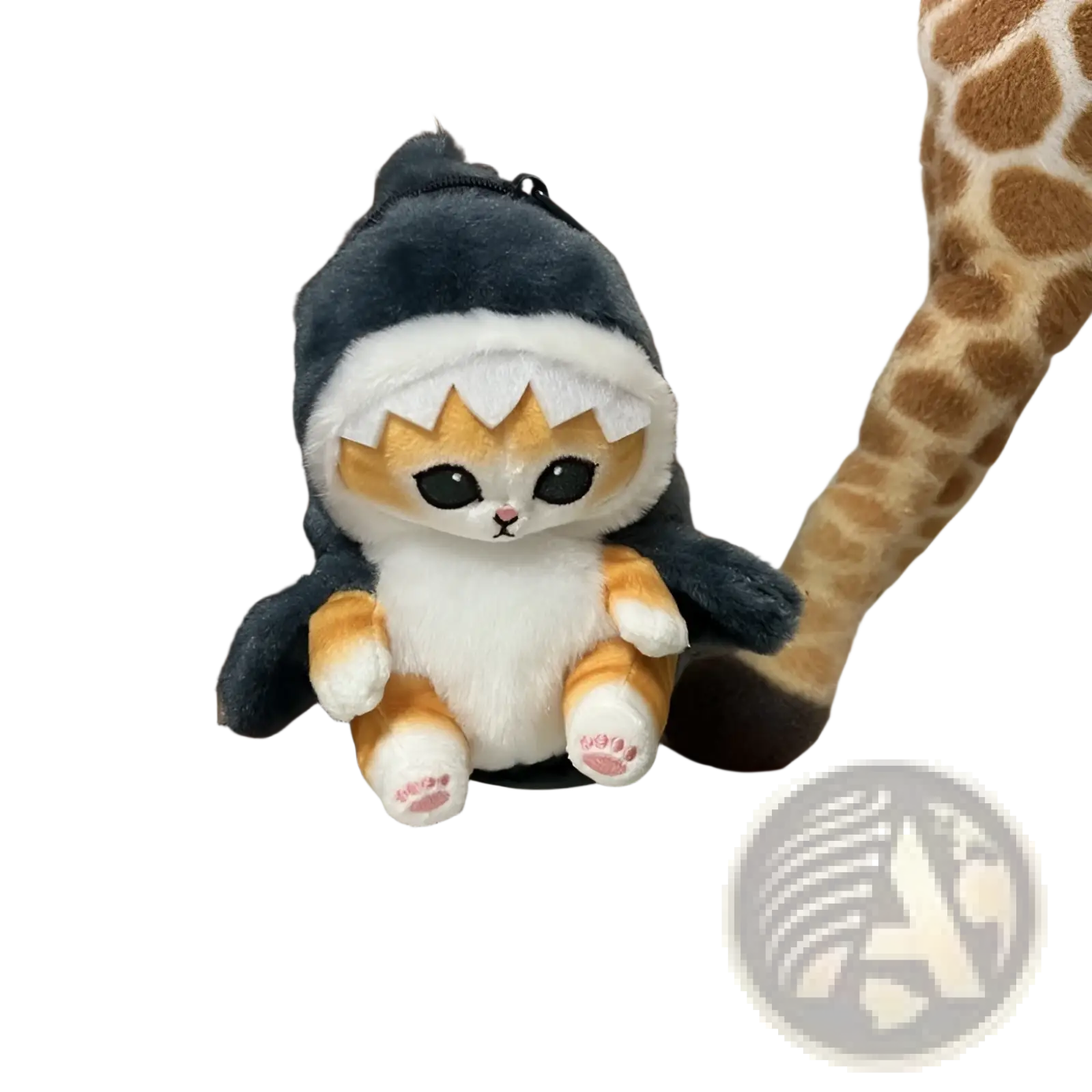Adorable cat shark plush keychain featuring a cute cat in a dark gray shark hoodie with orange fur accents