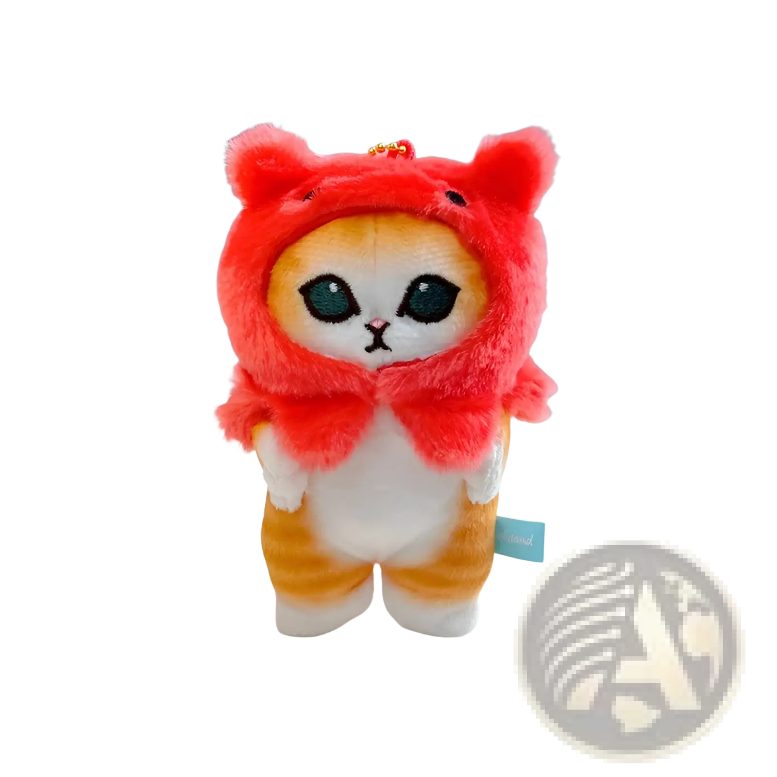 A plush cat shark keychain featuring a red fuzzy hood, embroidered green eyes, and orange white striped legs