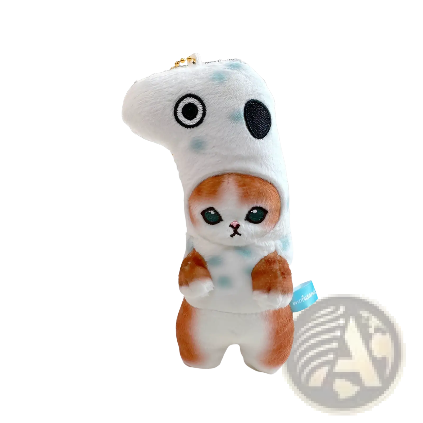 A plush cat shark keychain featuring an orange and white cat in a white polka-dotted ghost costume pendant