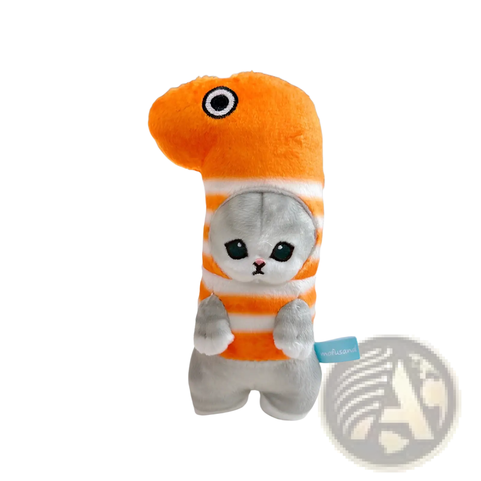Orange and white striped plush cat keychain with gray face and black eyes wearing an orange dinosaur hat Japanese cat doll pendant