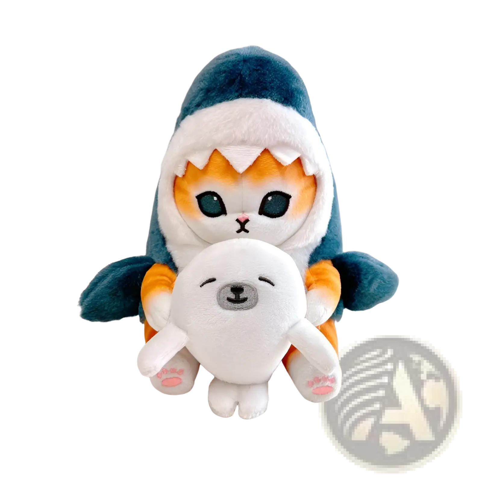 Cute cat shark plush keychain featuring a teal and white shark costume with orange accents holding a small seal plushie