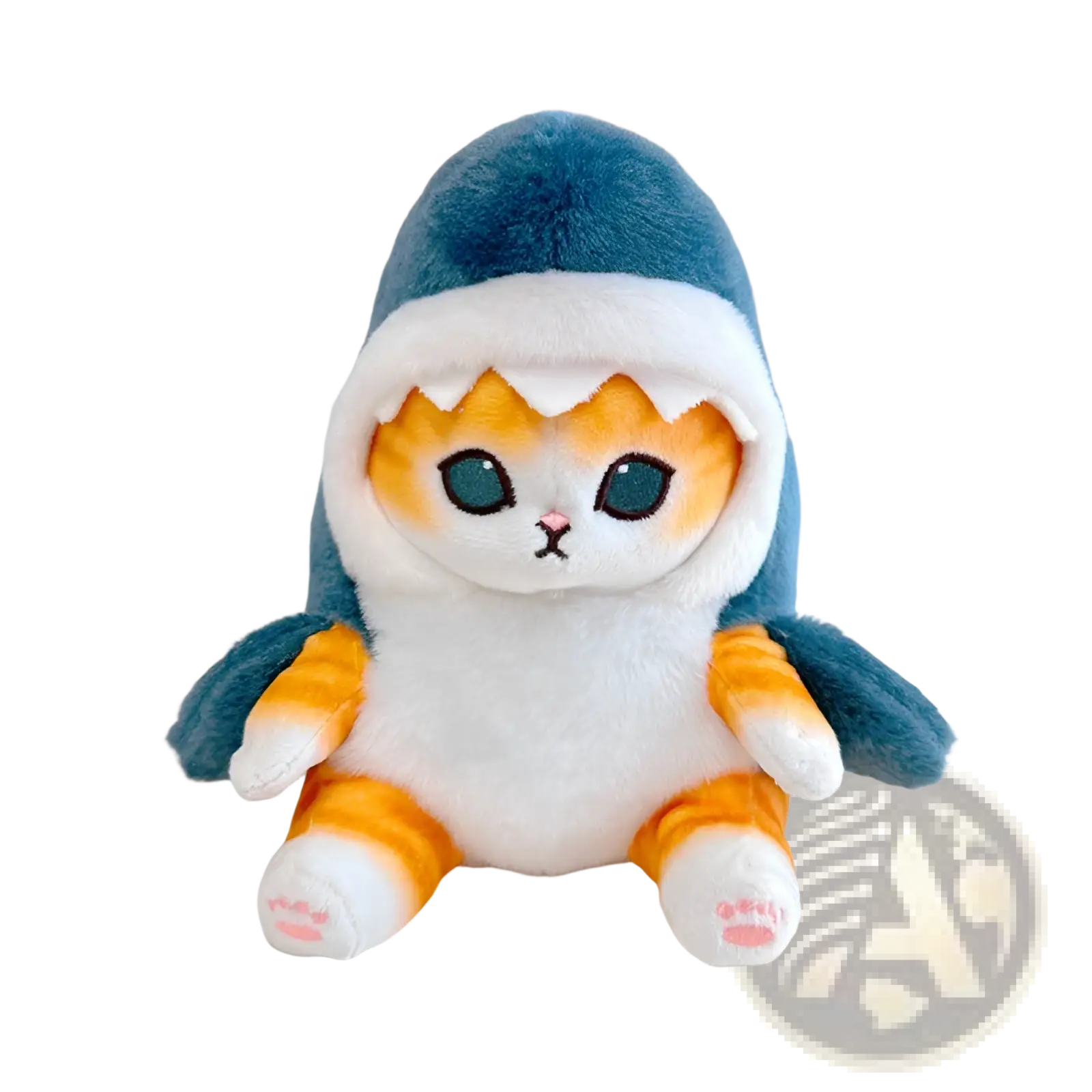 A cat shark plush keychain featuring a blue and white shark hoodie with orange-striped limbs and embroidered green eyes