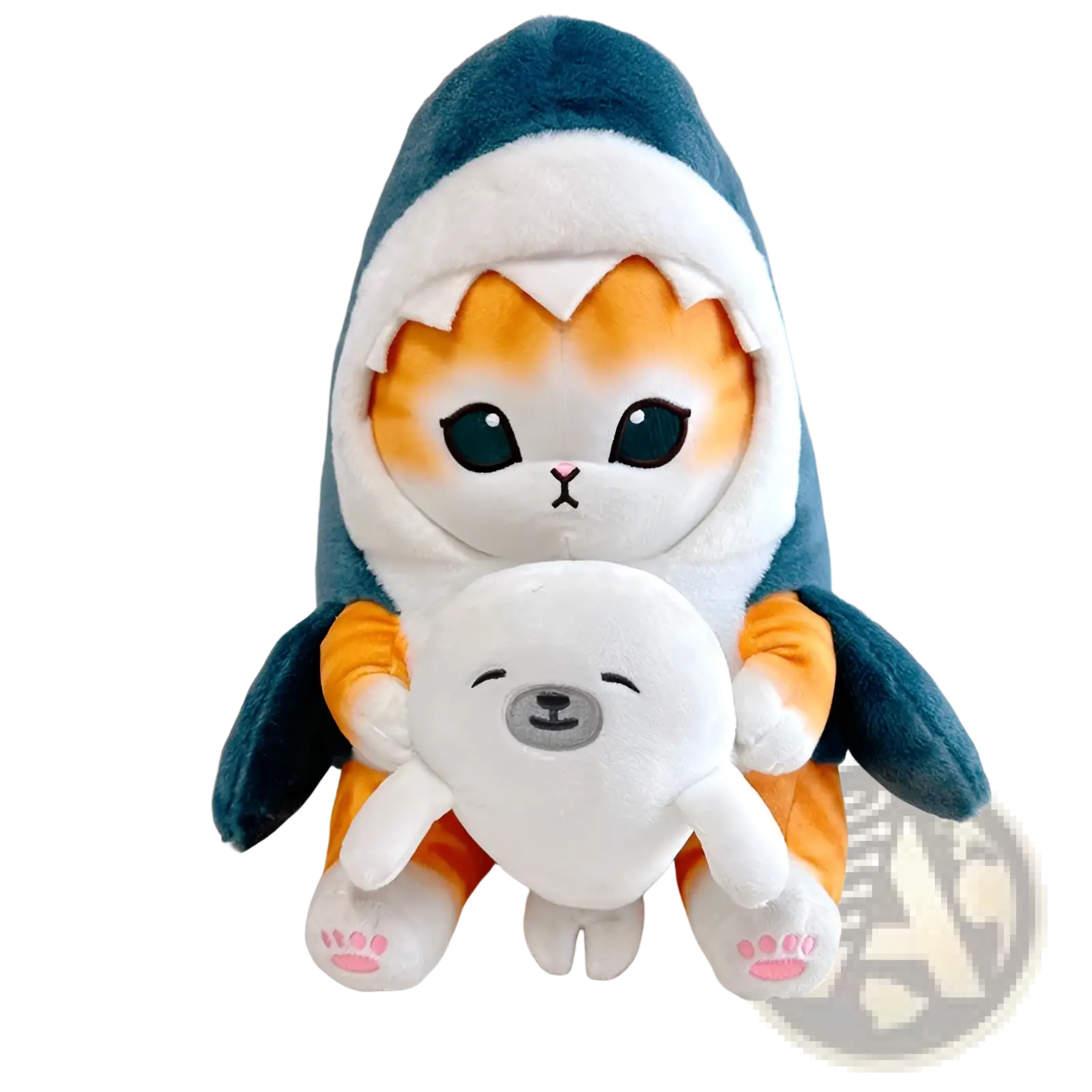 A plush cat shark keychain featuring an orange and white cat in a teal shark hoodie holding a white seal plushie