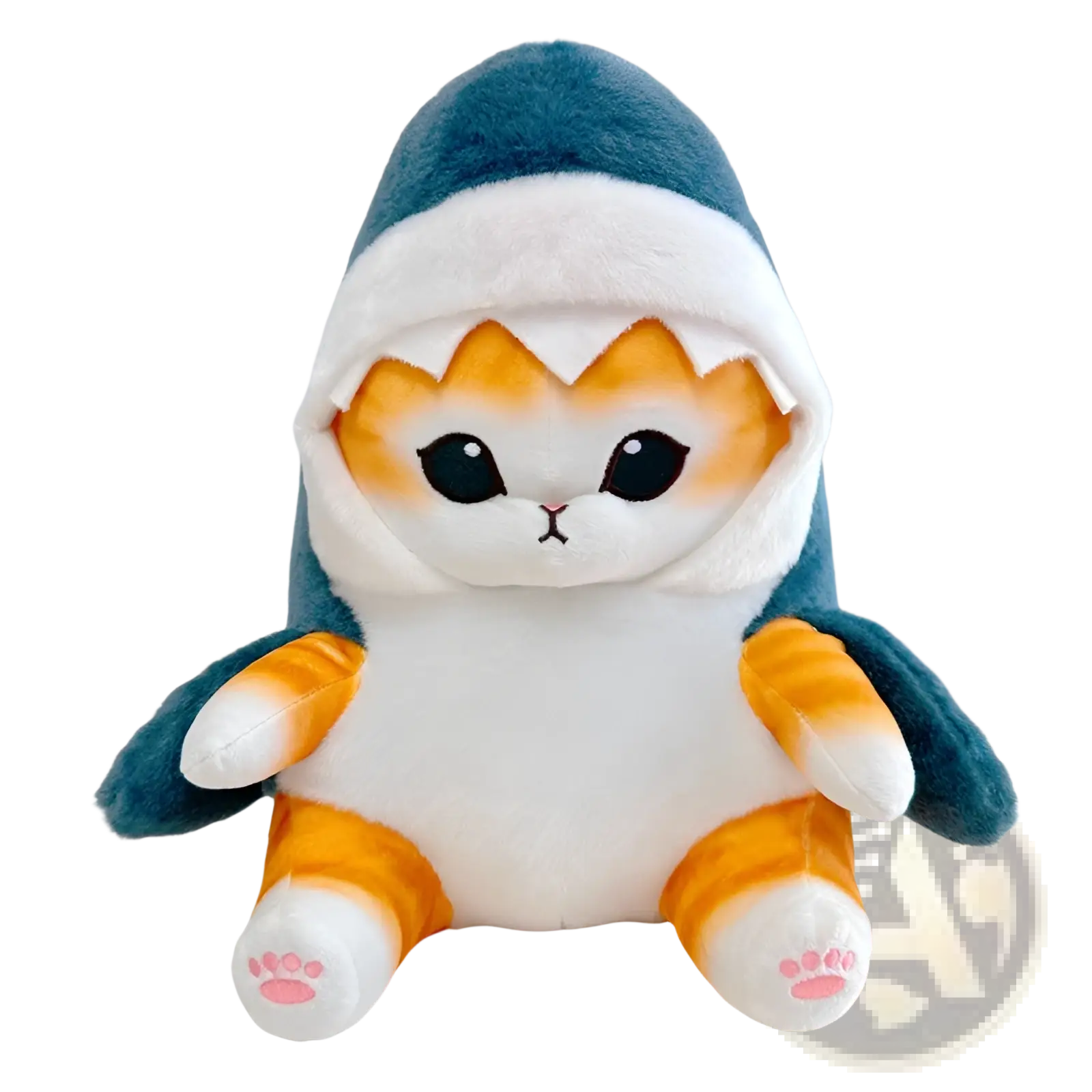 Adorable plush cat keychain wearing teal and white shark hoodie with orange accents japanese cat doll pendant