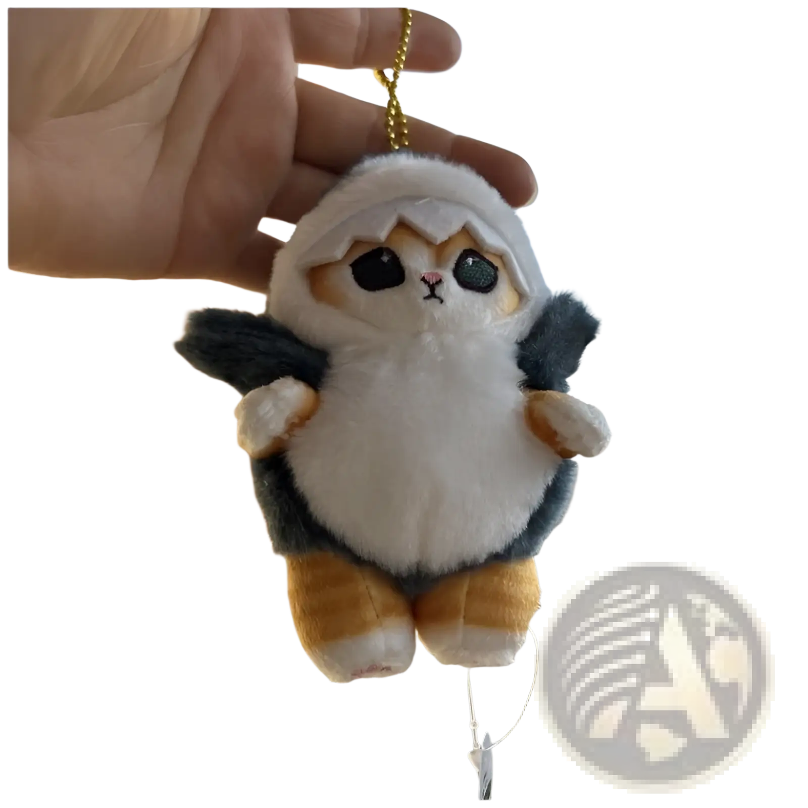 Cute white and gray cat shark plush keychain with orange accents and small wings as a japanese cat doll pendant
