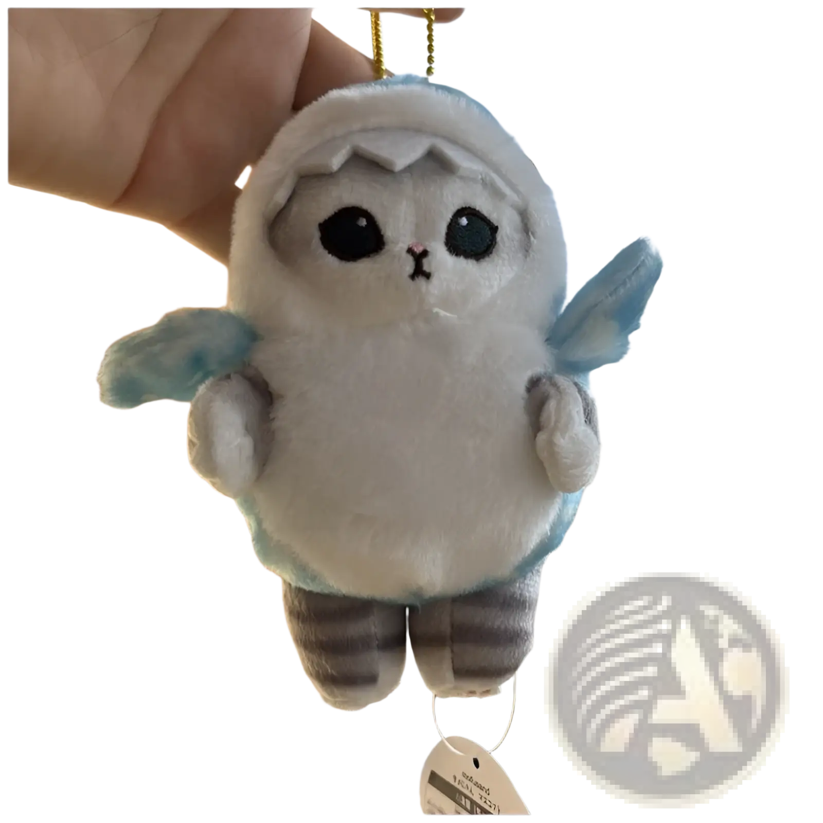Cat shark plush keychain white with light blue wings striped gray legs large black eyes small nose Japanese cat doll pendant