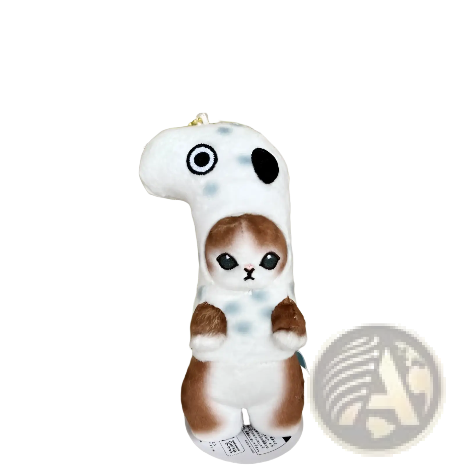 Cat shark plush keychain featuring a white and brown plush cat doll in a spotted ghost costume with green leaf accents