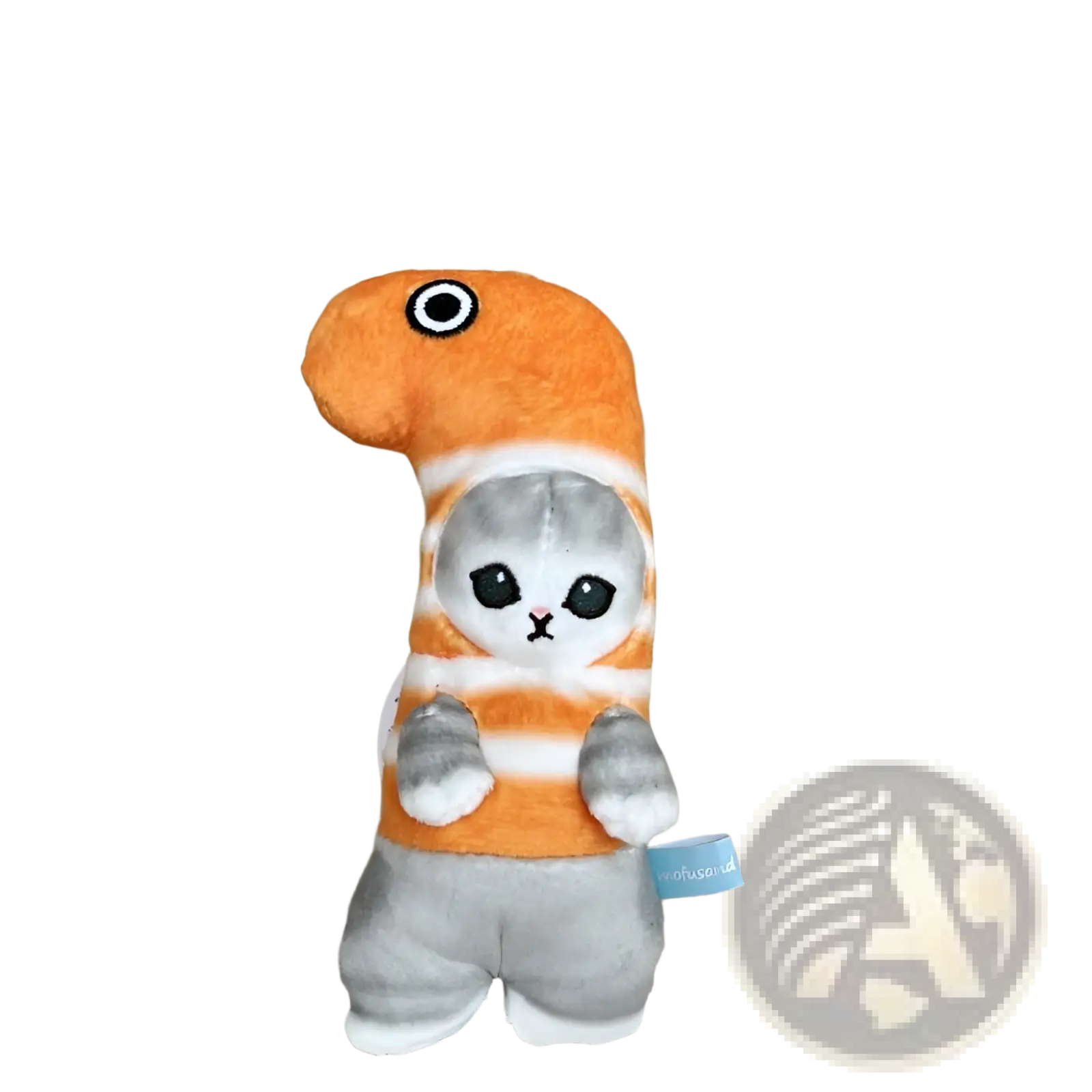 A plush gray cat keychain in an orange and white striped dinosaur costume with a green plant sprouting from its head
