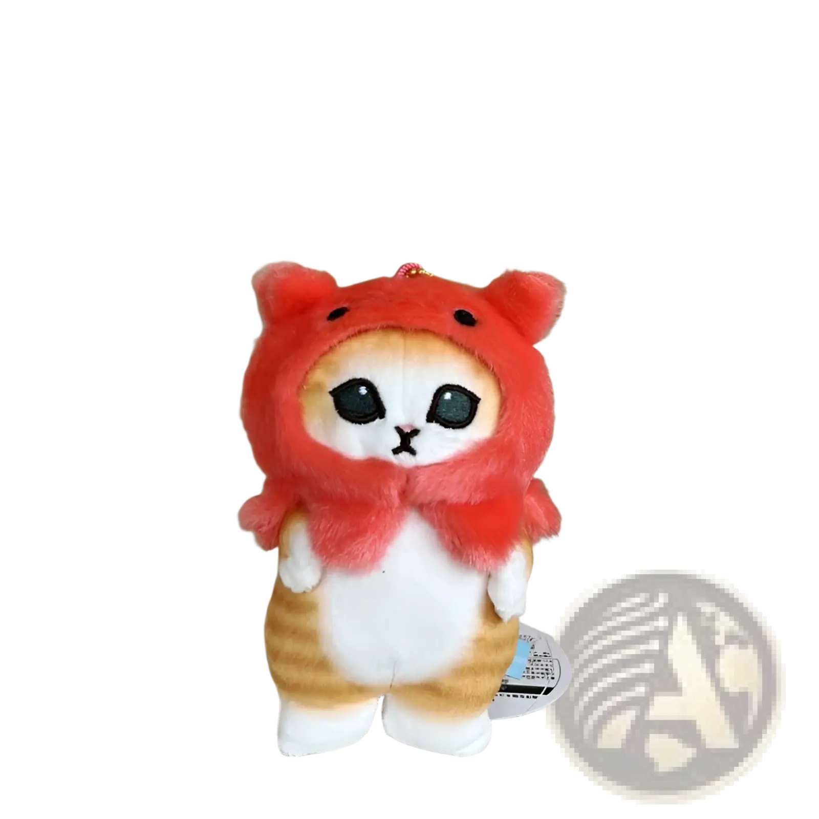Cat shark plush keychain featuring a plush orange and white cat in a red hooded outfit with black eyes