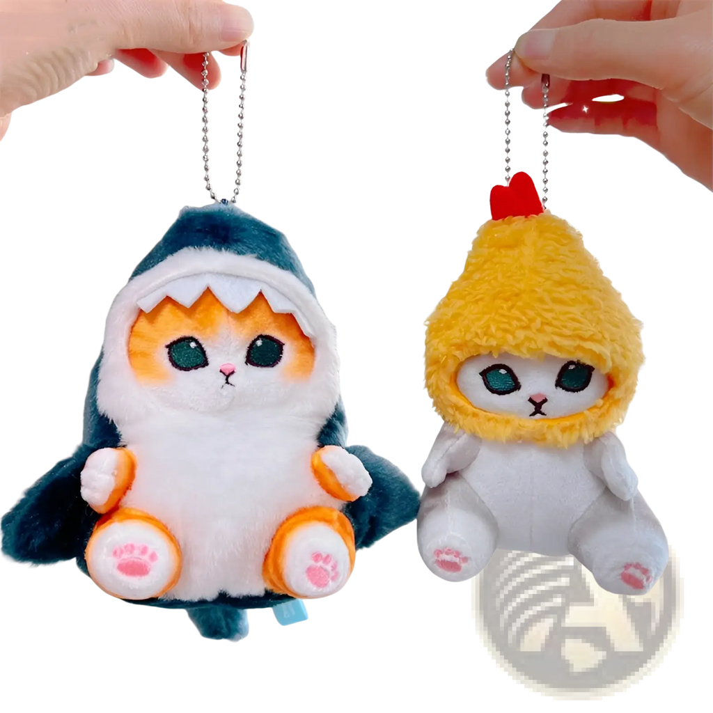 Adorable cat shark plush keychain featuring teal shark hoodie and yellow chicken costumes made from soft fabric