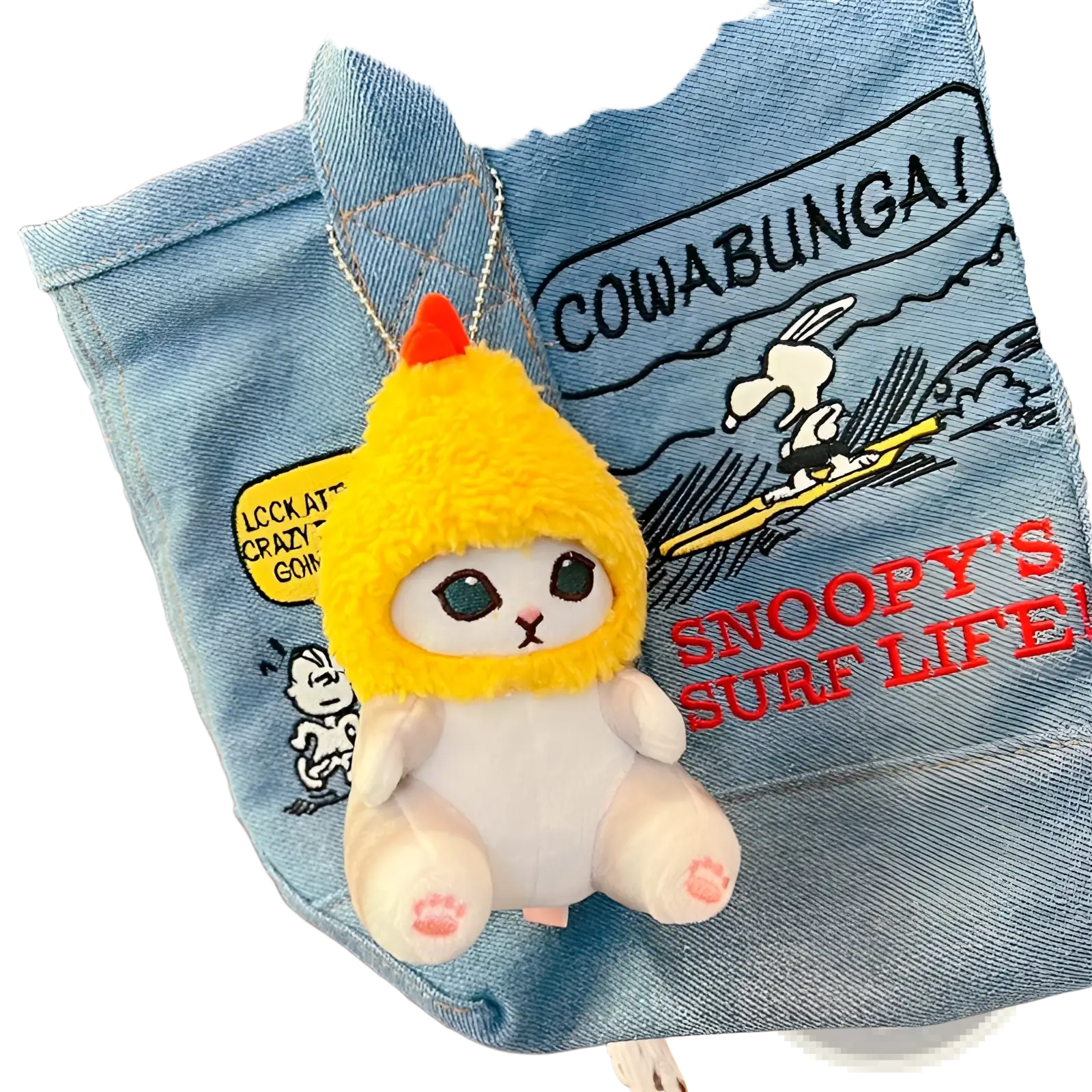 Yellow fuzzy hooded plush cat keychain with white body and pink paw prints in japanese cat doll pendant design