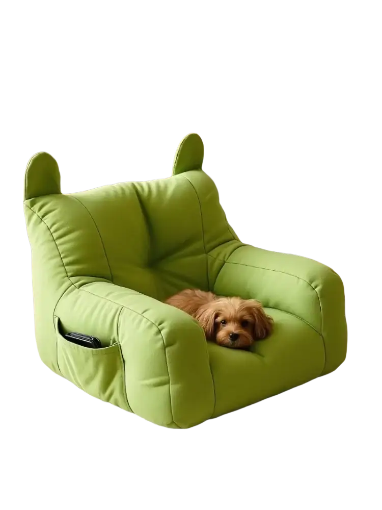 Bright green plush cat sofa bed from mainland China with soft fabric and rounded ear-like backrest design