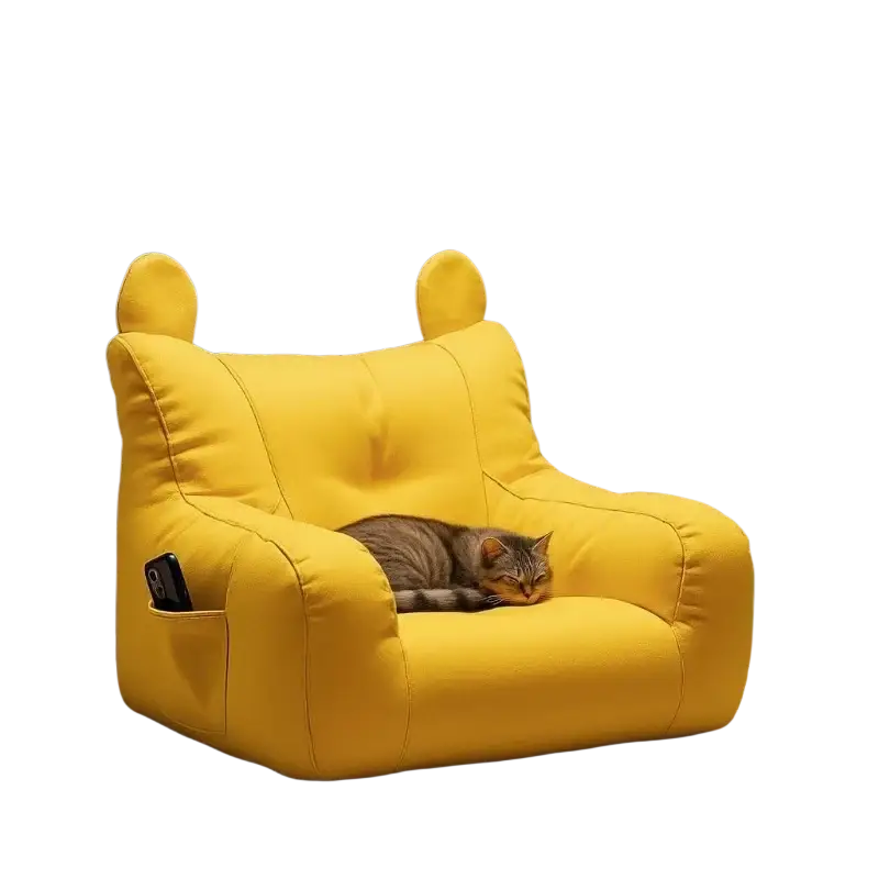 Bright yellow plush cat sofa bed with soft fabric and rounded ear-like handles from mainland china