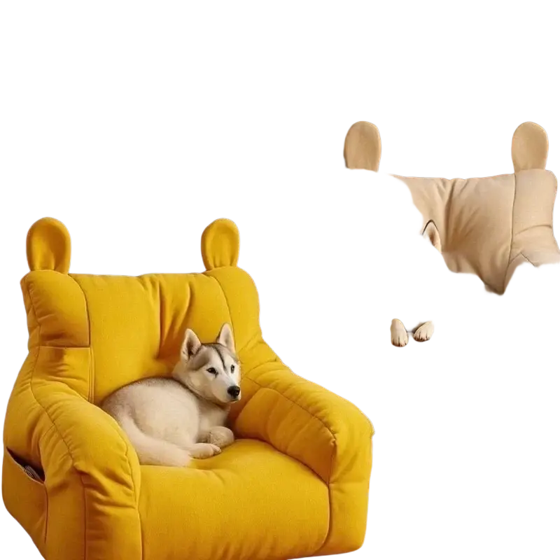 Yellow plush cat sofa bed armchair with ear-shaped backrests made in mainland china for pet comfort