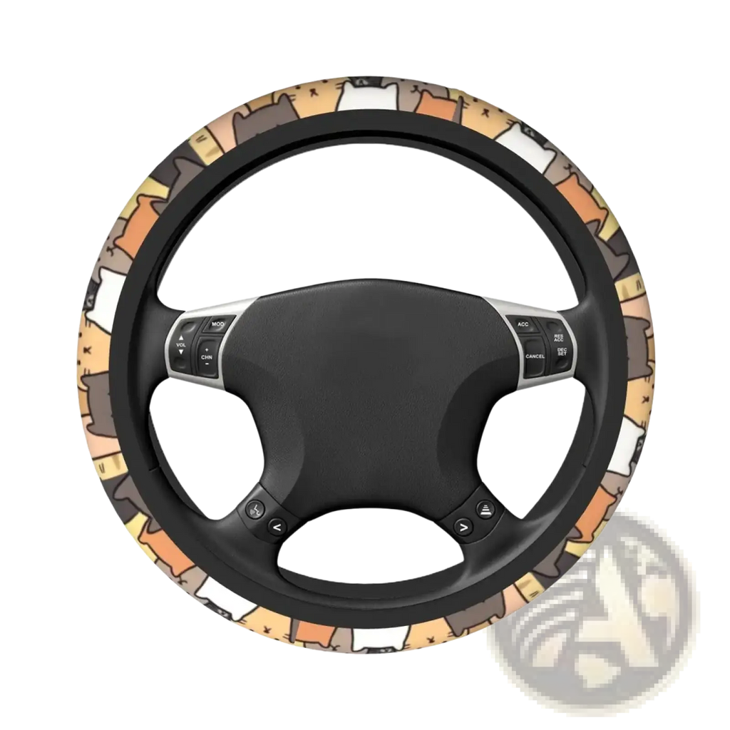 A black faux leather cat steering wheel cover with a playful pattern of orange brown and white cartoon cats
