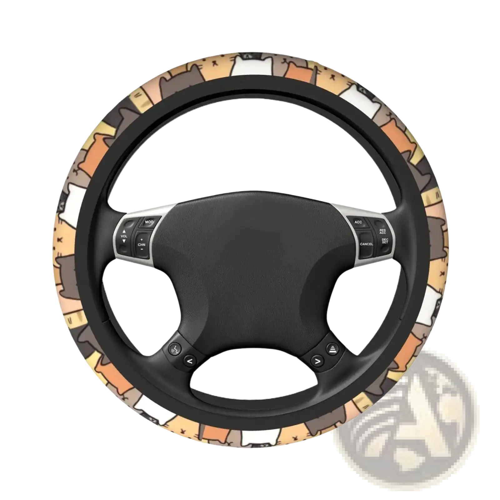 A black faux leather cat steering wheel cover with a playful pattern of orange brown and white cartoon cats