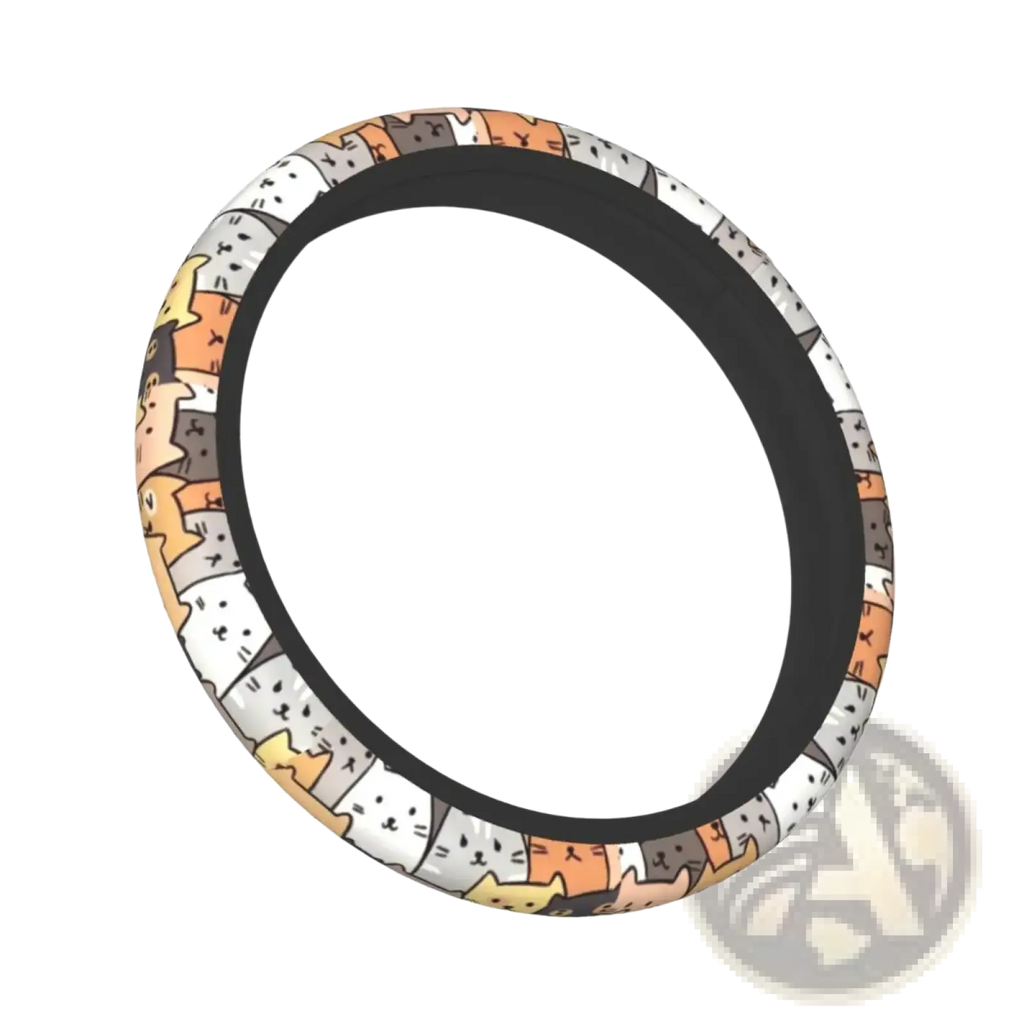 Cat steering wheel cover with playful cartoon cats in white orange gray and yellow faux leather material