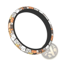 Cat steering wheel cover with playful cartoon cats in white orange gray and yellow faux leather material
