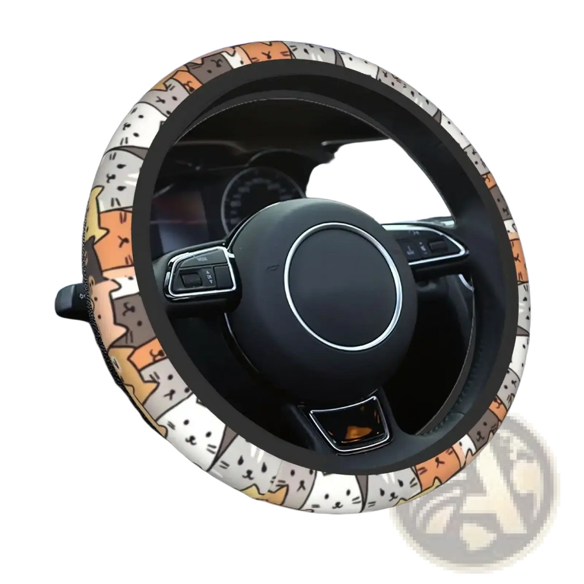A colorful cartoon cat patterned faux leather steering wheel cover with black inner rim and outer fabric trim