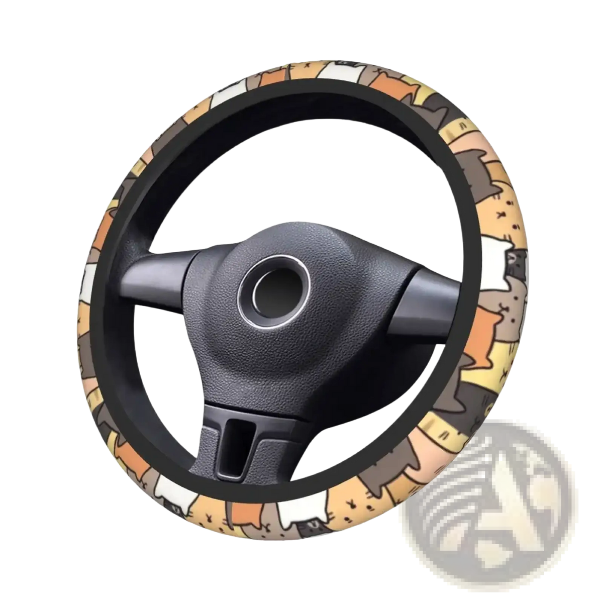 Cat steering wheel cover with colorful cartoon cat pattern, black inner rim, textured faux leather surface
