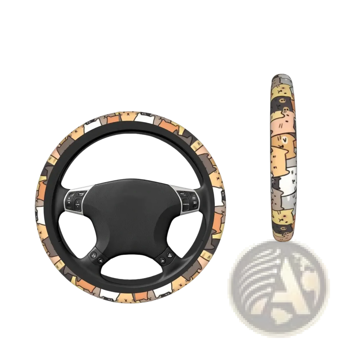 Cat steering wheel cover with cute cartoon cat pattern in beige brown and white faux leather for car use