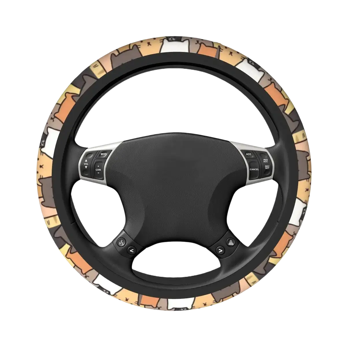 A black faux leather cat steering wheel cover with a playful pattern of orange brown and white cartoon cats