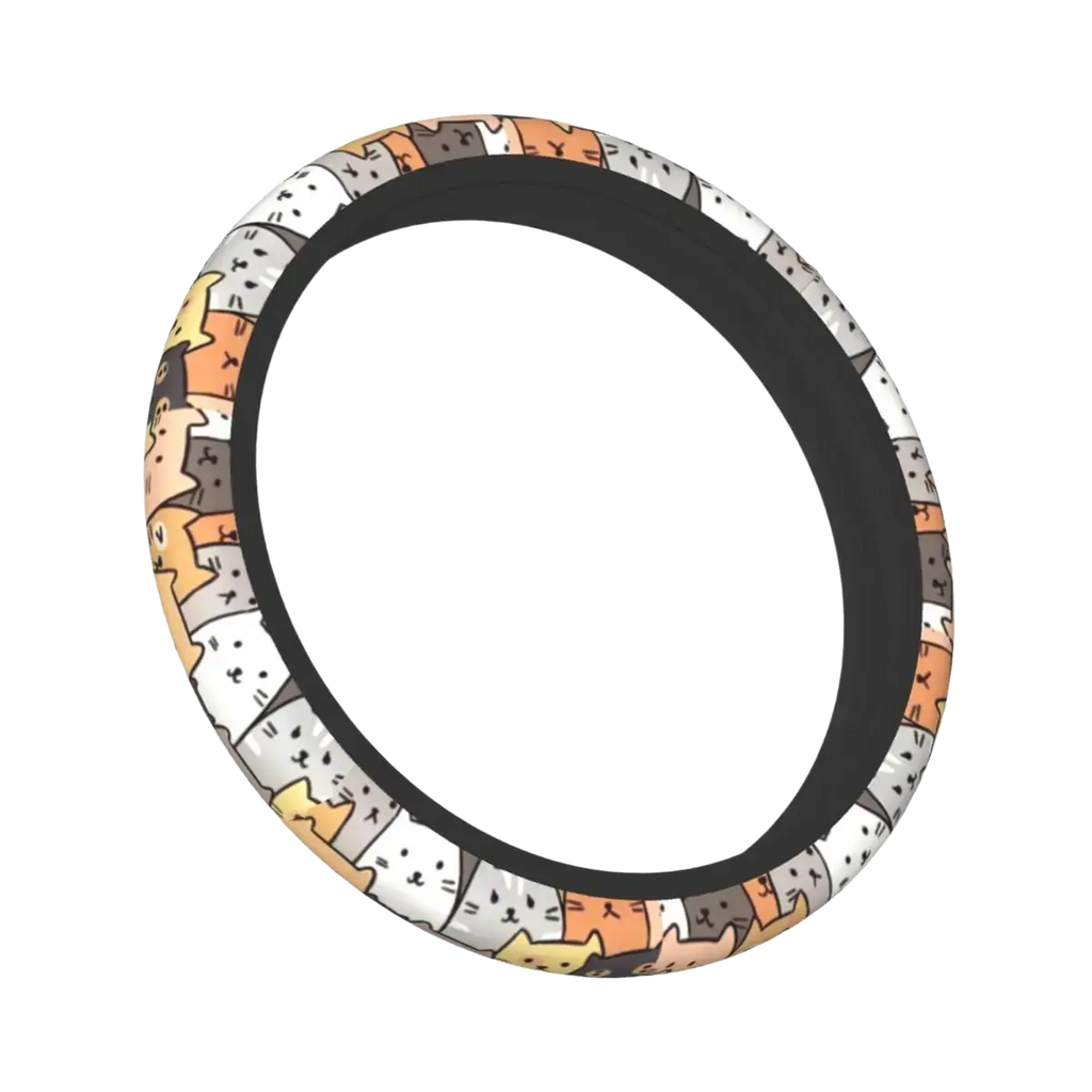 Cat steering wheel cover with playful cartoon cats in white orange gray and yellow faux leather material