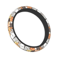 Cat steering wheel cover with playful cartoon cats in white orange gray and yellow faux leather material