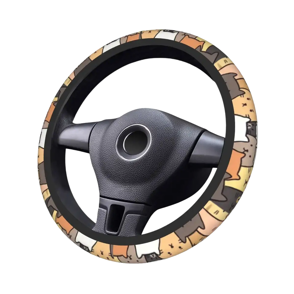 Cat steering wheel cover with colorful cartoon cat pattern, black inner rim, textured faux leather surface
