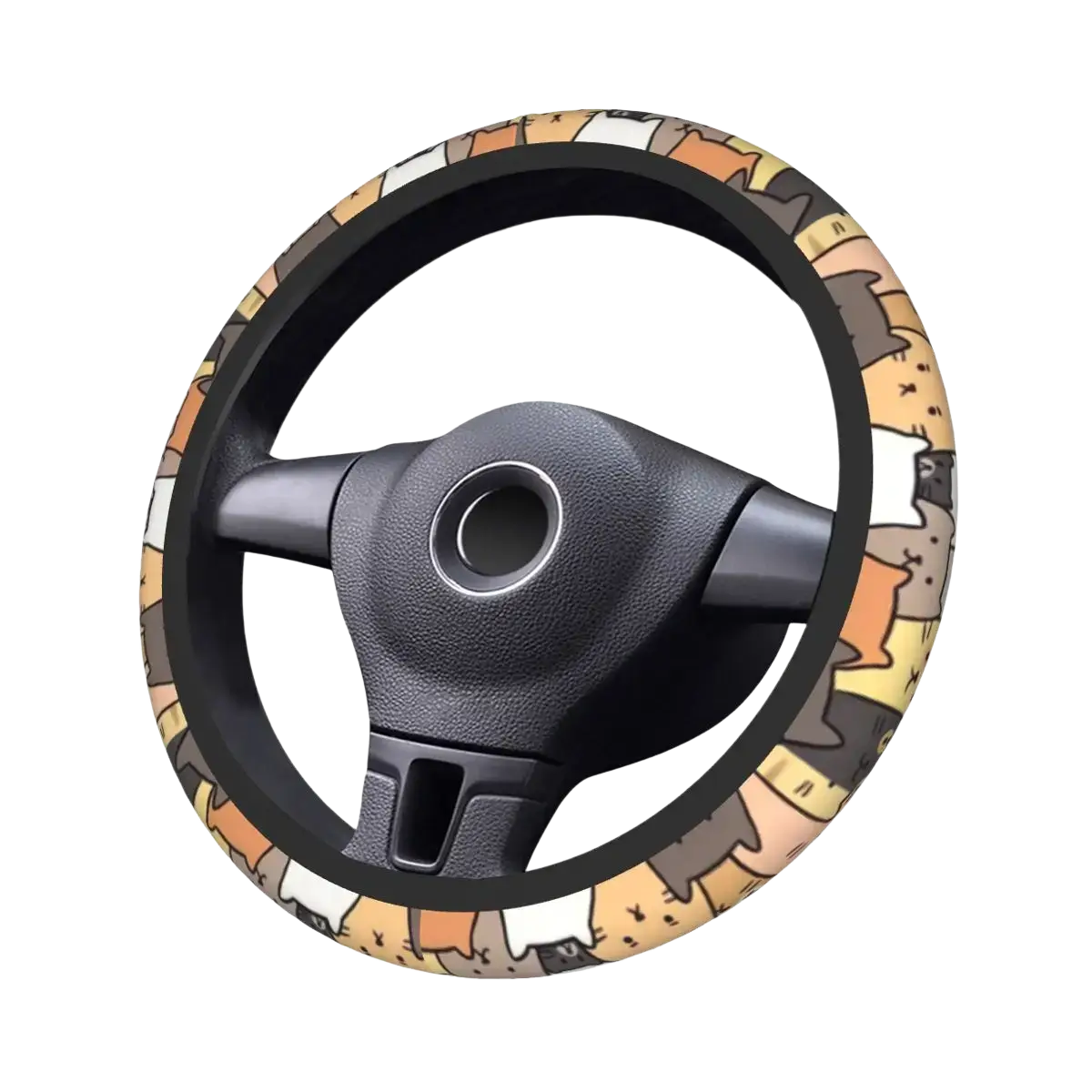Cat steering wheel cover with colorful cartoon cat pattern, black inner rim, textured faux leather surface