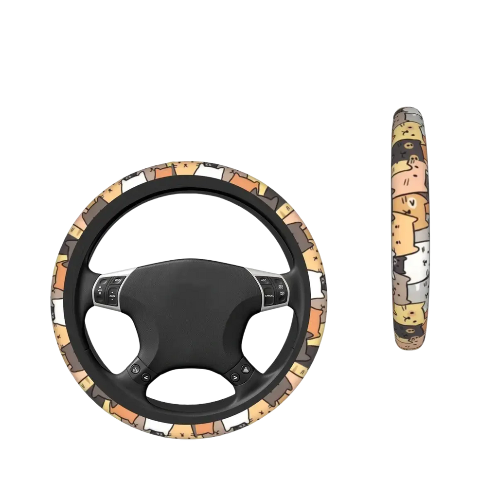 Cat steering wheel cover with cute cartoon cat pattern in beige brown and white faux leather for car use