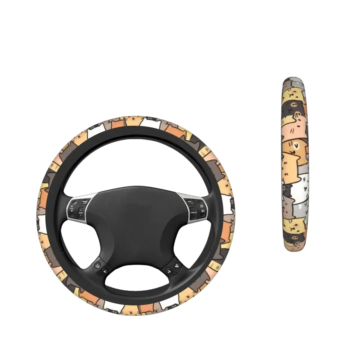 Cat steering wheel cover with cute cartoon cat pattern in beige brown and white faux leather for car use