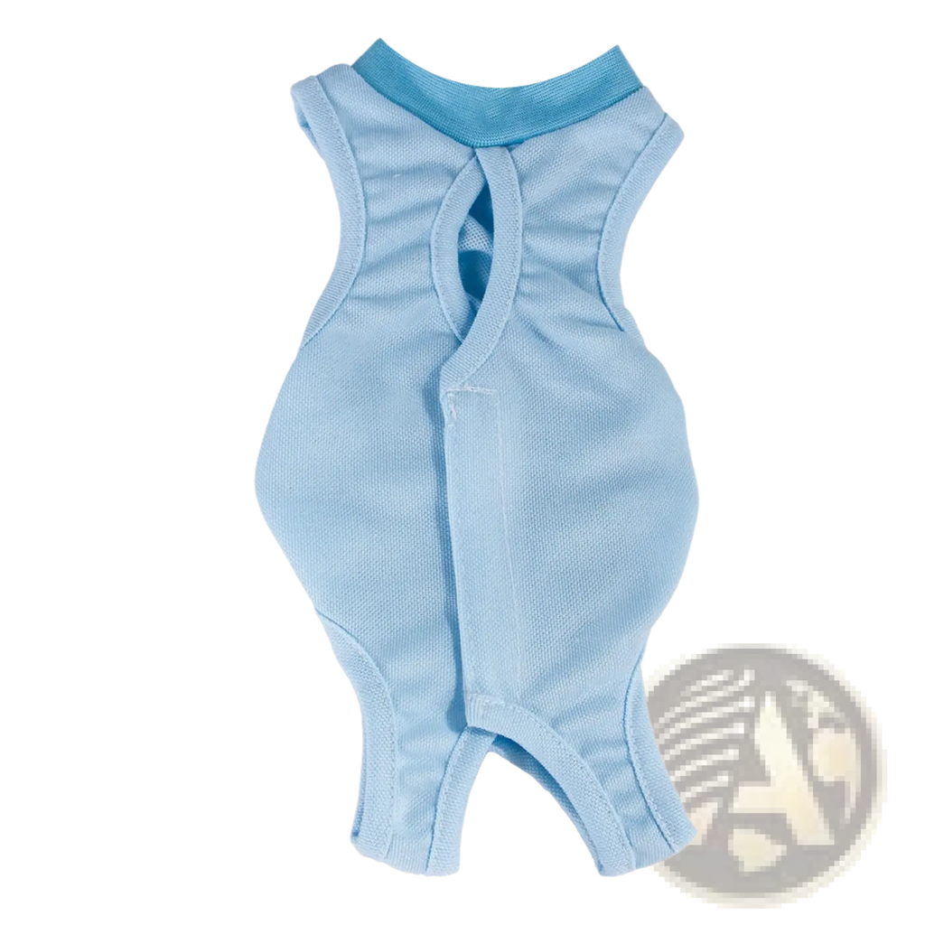 Light blue sleeveless baby onesie with darker blue ribbed collar and leg openings designed as a breathable pet vest for cat sterilization recovery