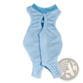 Light blue sleeveless baby onesie with darker blue ribbed collar and leg openings designed as a breathable pet vest for cat sterilization recovery