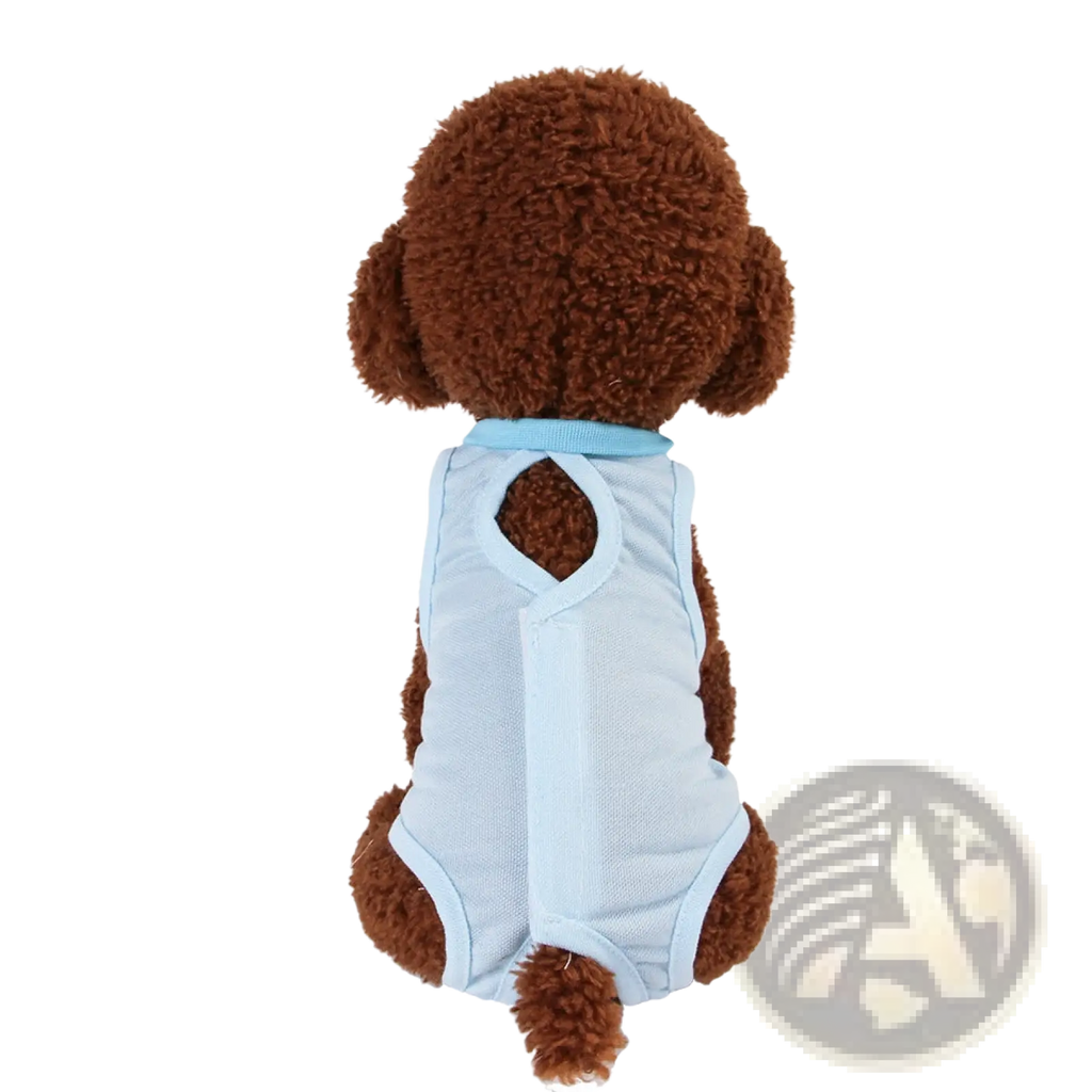 Light blue mesh cat sterilization recovery suit with soft collar and back opening breathable pet vest back view