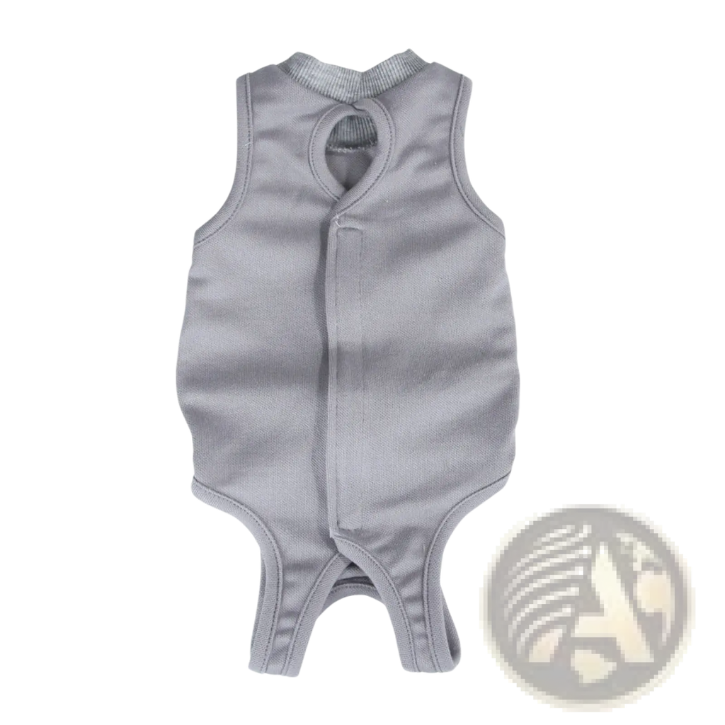 Gray knit sleeveless baby onesie with rounded neckline and snap closure designed as a breathable cat sterilization recovery vest