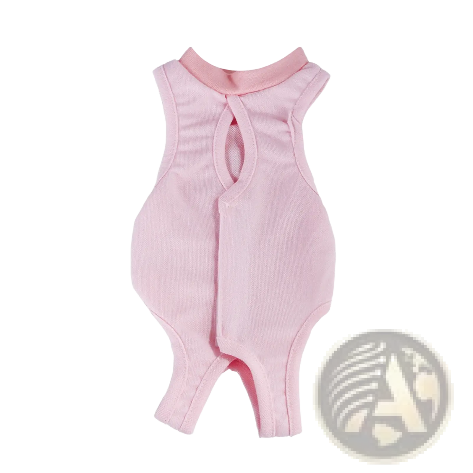 Pink ribbed fabric one-piece bodysuit with rounded neckline and leg openings for cat sterilization recovery vest