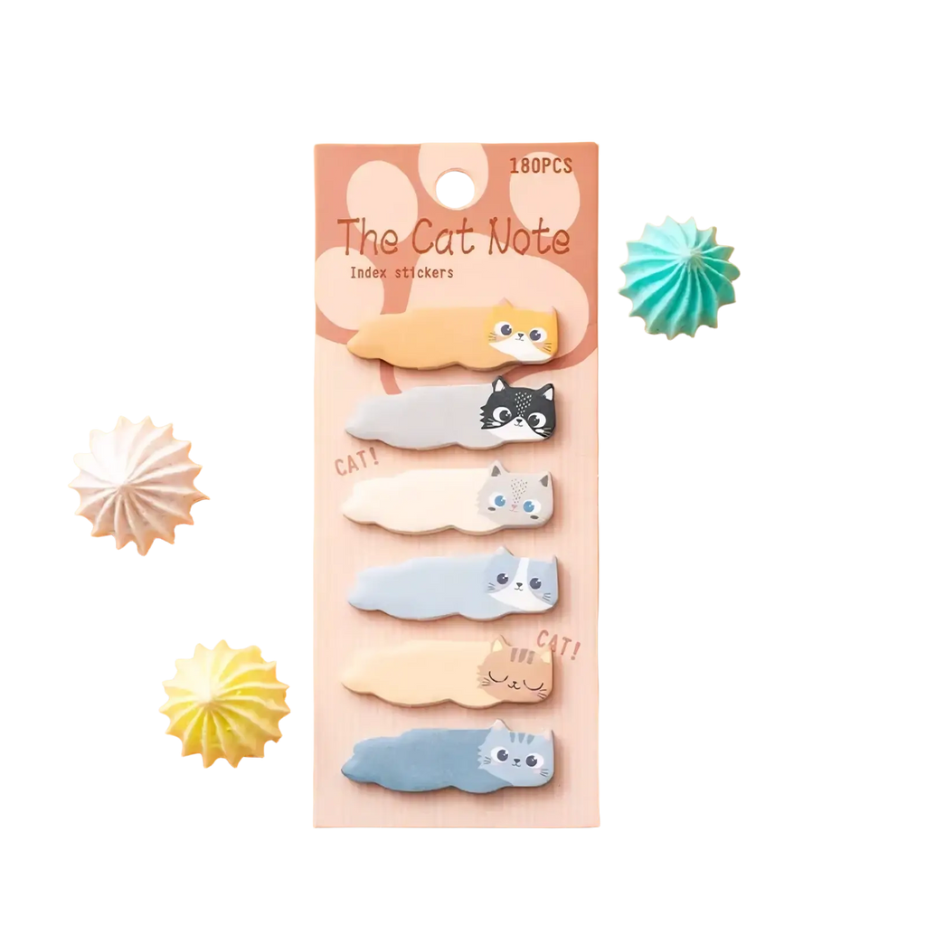 A set of 180 cat sticky notes memo pad stickers in pastel colors with different feline designs on pink card backing
