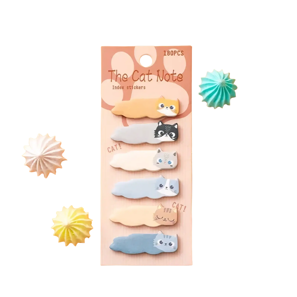 A set of 180 cat sticky notes memo pad stickers in pastel colors featuring various feline expressions on soft plastic