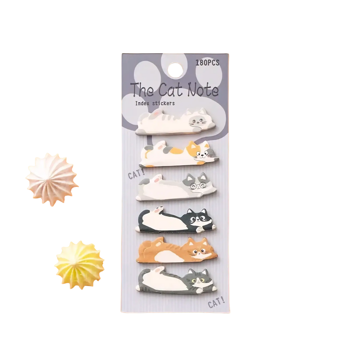 A cat sticky notes memo pad set with 180 colorful cat-themed index stickers on a gray card in various poses